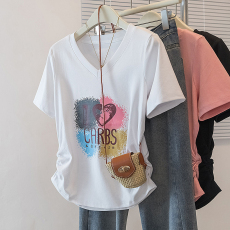 批发实拍<b class='q'>大码</b>女装<b class='q'>韩版</b>流行V领印花短袖t恤夏胖妹妹减龄遮肉显瘦上衣潮