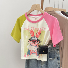 批发实拍【210克纯棉螺纹】正肩<b class='q'>T</b><b class='q'>恤</b>女短袖夏短款上衣修身插肩撞色