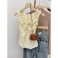 批发实拍木耳花边系带T恤女短袖无袖上衣小吊带背心夏季内搭外穿