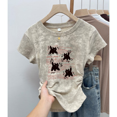 批发实拍210克40支1*1纯棉螺纹扎染短袖<b class='q'>t</b><b class='q'>恤</b>女夏收腰有光板空白版