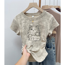 批发实拍210克40支1*1纯棉螺纹扎染短袖<b class='q'>t</b><b class='q'>恤</b>女夏收腰有光板空白版