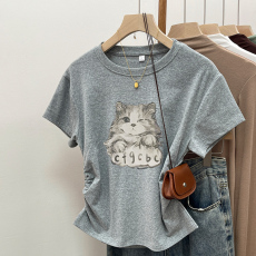 批发实拍【后包领210克40支1*1纯棉螺纹】短袖<b class='q'>t</b><b class='q'>恤</b>女夏季短款收腰