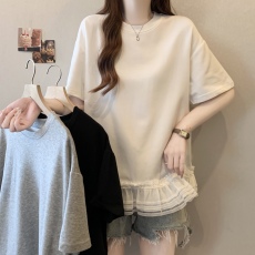 批发实拍~大码新款蕾丝花边珍珠拼接遮肉显瘦短袖T恤上衣