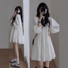 批发2025夏大码女装白色镂空<b class='q'>连衣裙</b>民族风新中式显瘦短裙M-4XL200斤