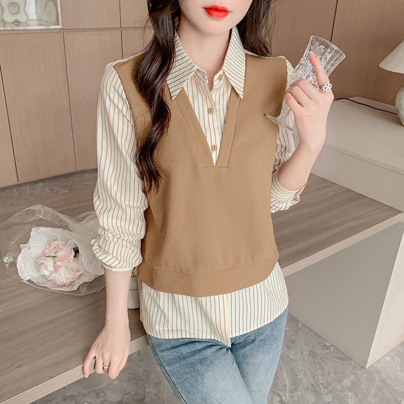 MY1465#新款假两件长袖衬衫女设计感针织拼接上衣女裝貨源服裝批發