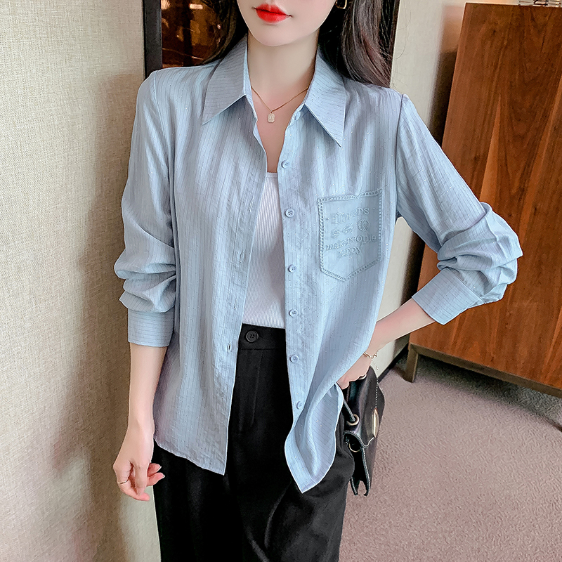 MY2550# 新款长袖衬衫女刺绣口袋百搭长袖上衣女裝貨源服裝批發