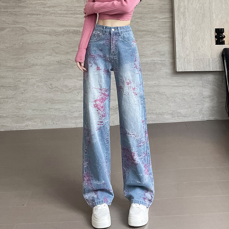 MY1358# 新款提花设计高腰直筒牛仔裤女时尚百搭宽松显瘦阔腿裤女裝貨源服裝批發
