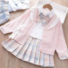 批发<b class='q'>女童</b>学院<b class='q'>风</b>套装裙2026新款小女孩可爱洋气针织开衫裙子衬衫三件套