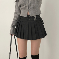批发已出货韩国chic春季新款辣妹复古显瘦高腰防走光双腰带条纹<b class='q'>百褶</b>裙