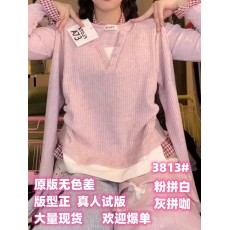 批发今年新款粉色假两件长袖打底衫女2025春季收腰显瘦洋气撞色上衣