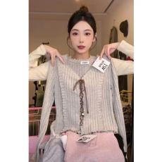 批发美式复古风小众抽绳木耳边针织上衣女设计感坑纹V领长袖打底衫ins