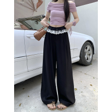 批发实拍设计感<b class='q'>蕾丝</b>拼接<b class='q'>西装</b>裤休闲裤女春季阔腿裤宽松高腰垂感拖地裤