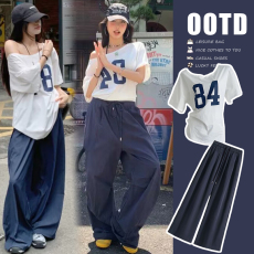 批发  2025夏季新款美式数字印花一字领露肩T恤+阔腿裤（抽绳款）