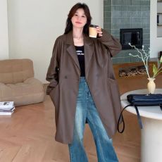 批发咖色高级感中长款西装pu<b class='q'>皮衣</b>外套女2026春季新款宽松休闲气质风衣