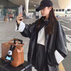 批发黑色复古立领中长款<b class='q'>皮衣</b>外套女2026春秋新款高级感休闲宽松PU风衣