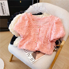 批发实物巨美~炒甜~j法式复古甜美立体玫瑰花桃心水钻扣泡泡袖短款衬