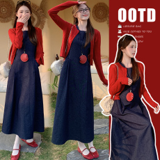 批发新款抖音爆款春夏复古牛仔背心长裙+镂空开衫套装