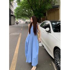 批发优质质量  风气质蓝色背心<b class='q'>连衣裙</b>夏季新款设计感收腰显瘦a字长裙