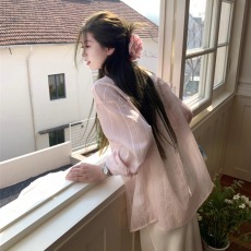 批发2026新款秋季外搭开衫慵懒宽松上衣防晒衬衣粉色衬衫防晒条纹外套