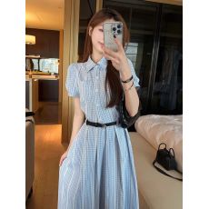 批发优质质量  蓝色条纹衬衫<b class='q'>连衣裙</b>女夏季收腰小众设计感法式气质长裙