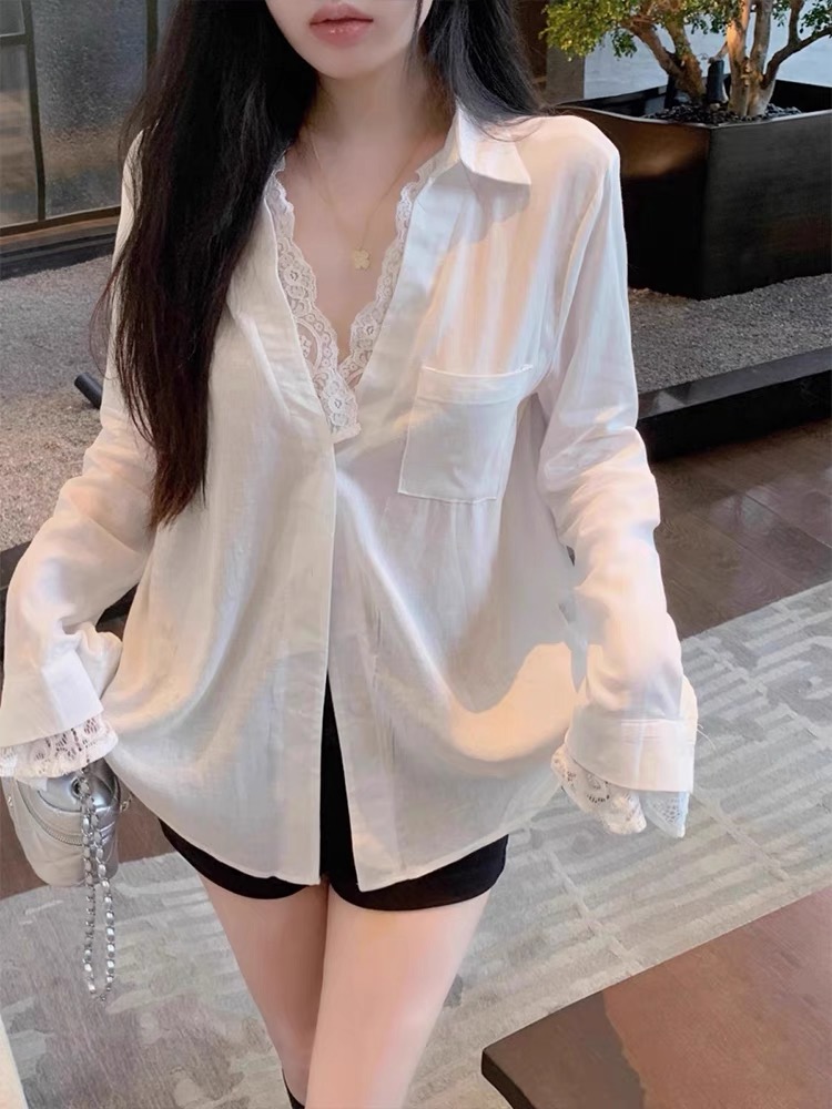 MY1662# 假两件白色棉麻衬衫女高级感别致绝美上衣中长款蕾丝防晒衬衣女裝貨源服裝批發