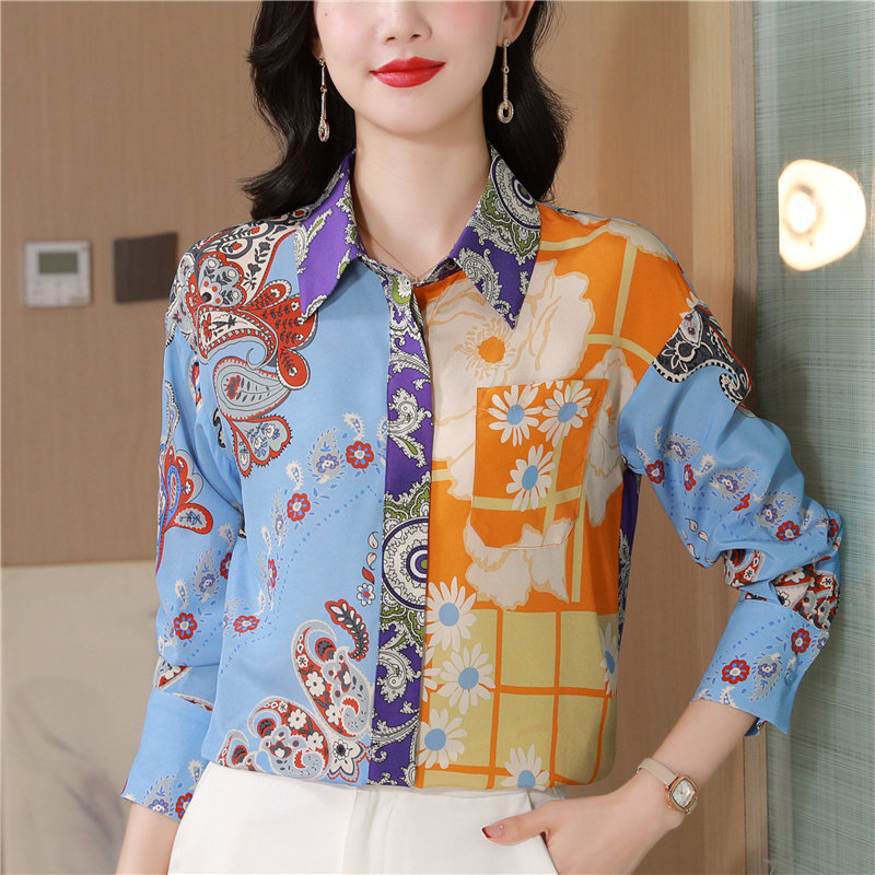 MY13775# 女裝貨源真丝女士轻奢洋气拼色印花衬衫爆款桑蚕丝法式上衣设...