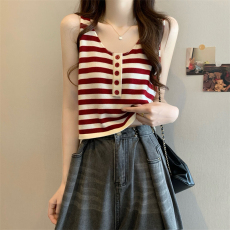 批发实拍实价 新版复古设计感六个羊毛V领<b class='q'>镂空</b>外搭条纹背心