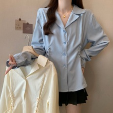 批发实拍大码 蓝色法式气质收腰系带长袖衬衫女2025<b class='q'>春</b>秋设计显瘦上衣