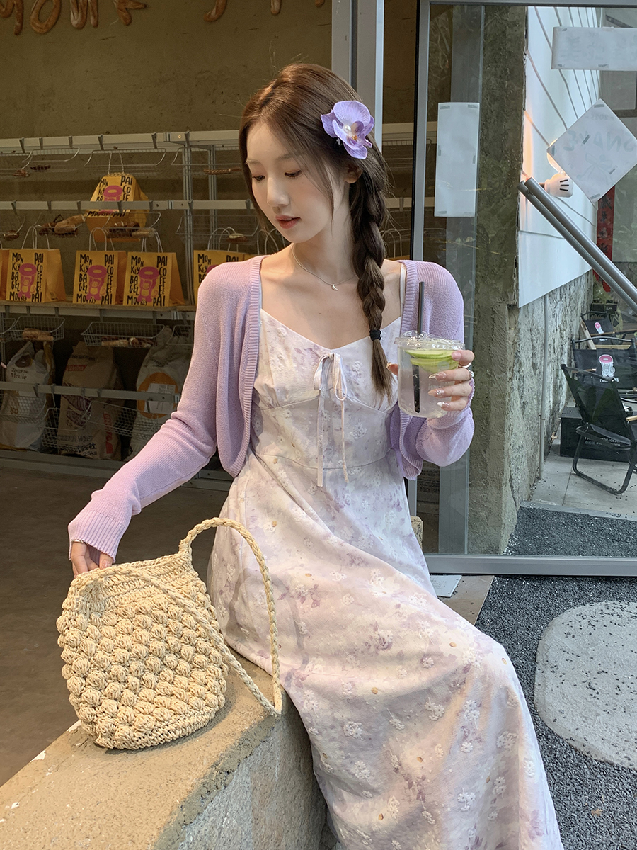실사 정가 부드러운 바람 여름 새로운 드레스 Chic 자카드 디자인 잉크 페인팅 슬립 드레스 다용도 오픈 가디건
