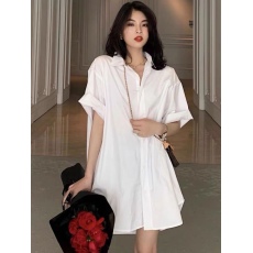 批发慵懒风中长款夏季白色短袖衬衫女宽松大码胖mm韩国2023设计感衬衣