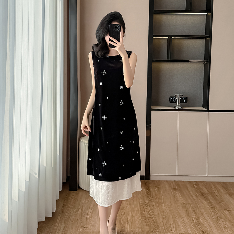 FA30706# 夏季法式丝绒连衣裙高级感无袖修身显瘦叠穿提花长裙 服裝批發女裝批發服飾貨源
