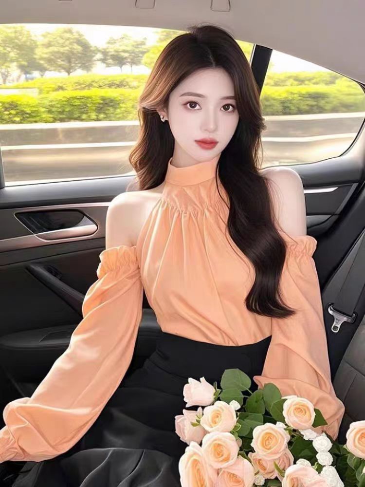 MY16396# 新款橙色法式设计感长袖衬衫女露肩宽松上衣女裝貨源服裝批發