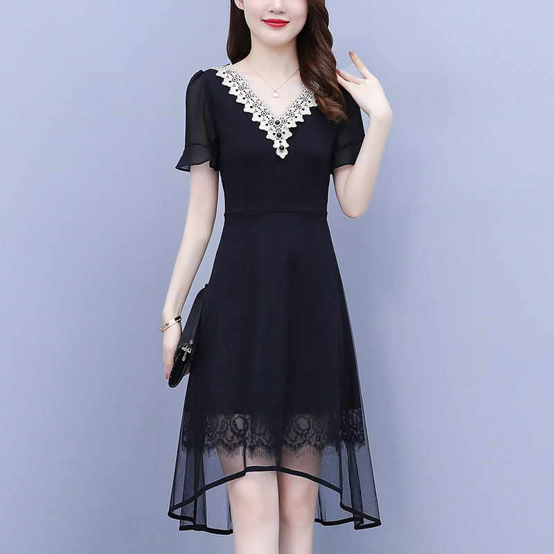 RY1567# 大码女装2026夏季韩版胖mm喇叭袖燕尾网纱拼接显瘦洋气连衣裙淑女
