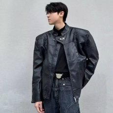 批发黑色PU皮衣外套男春<b class='q'>秋</b>痞帅cleanfit机车夹克短款高级感立领棒球服