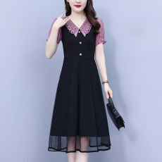 批发大码女装2026夏季新款胖mm娃娃领网纱拼接显瘦洋气法式连衣裙淑女