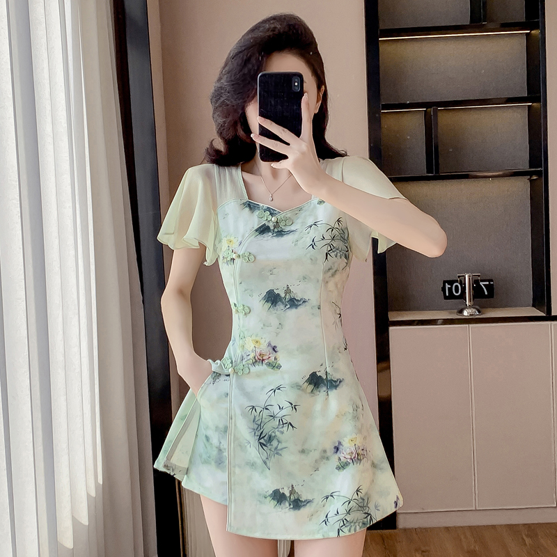 MY15572# 夏新款新中式改良旗袍气质甜美连衣裙短裤两件套女裝貨源服裝...