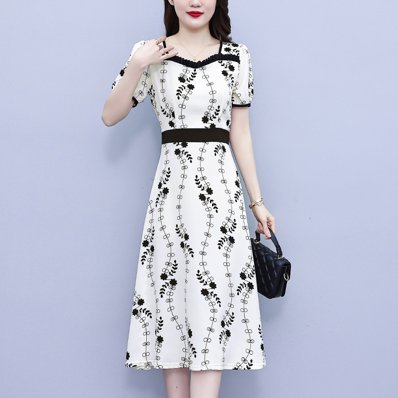 RY1563# 大码女装2026夏季胖mm时尚气质收腰显瘦洋气印花中长款连衣裙淑女