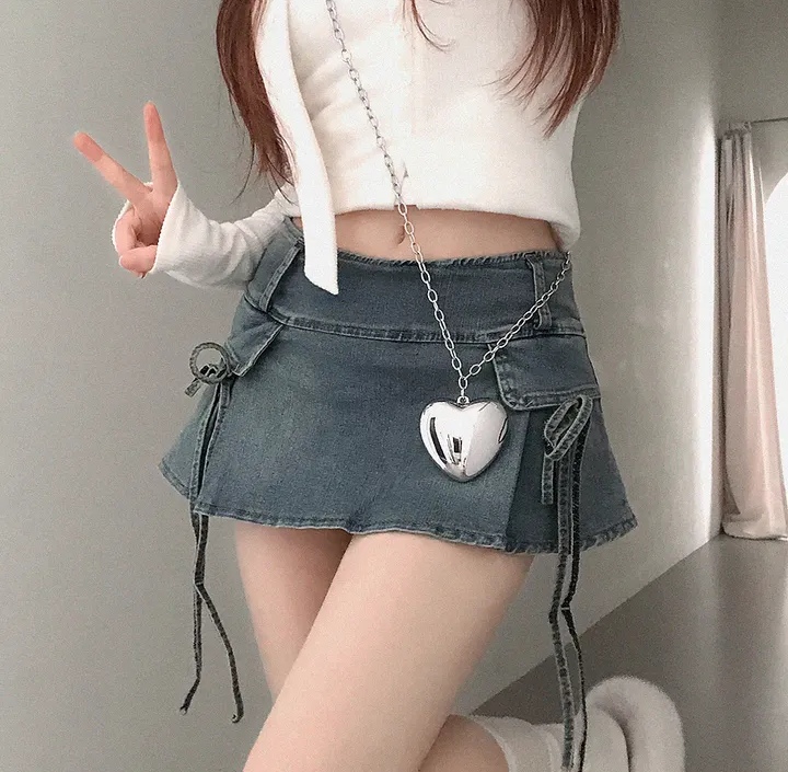 MY1512#韩国chic防走光a字裙夏新款蝴蝶结细带牛仔半身裙短裙裤女女裝貨源服裝批發