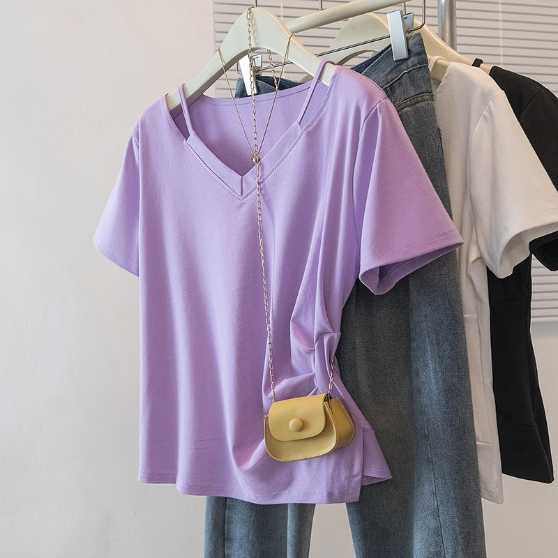 RY70142# 实拍大码女装韩版流行紫色V领短袖t恤夏胖妹妹宽松显瘦休闲...