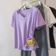 批发实拍<b class='q'>大码</b>女装<b class='q'>韩版</b>流行紫色V领短袖t恤夏胖妹妹宽松显瘦休闲上衣潮