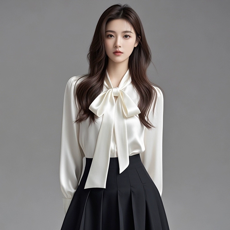 2025 봄 가을 새로운 고급 센스 품격 리본 나비 매듭 셔츠 여성 긴 소매 경력 교 자본금 착용 가져 가라. 흰 셔츠