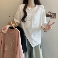 批发大码女装设计感不规则开叉圆领卫衣女春夏胖妹妹宽松显瘦短袖上衣