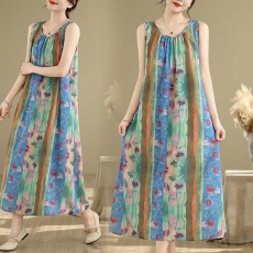 批发实拍2026夏季新款无袖连衣裙宽松型印花<b class='q'>长裙女</b>