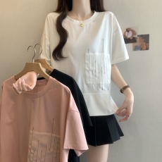 批发实拍不规则拼接短袖T恤女夏季大码胖妹妹设计感宽松遮肉显瘦上衣