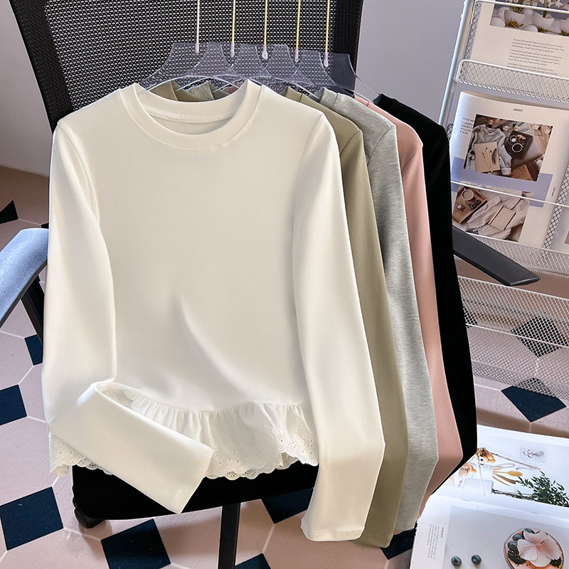 MY1808#  蕾丝边拼接假两件圆领长袖T恤女 新款设计感别致上衣女裝貨源服裝批發