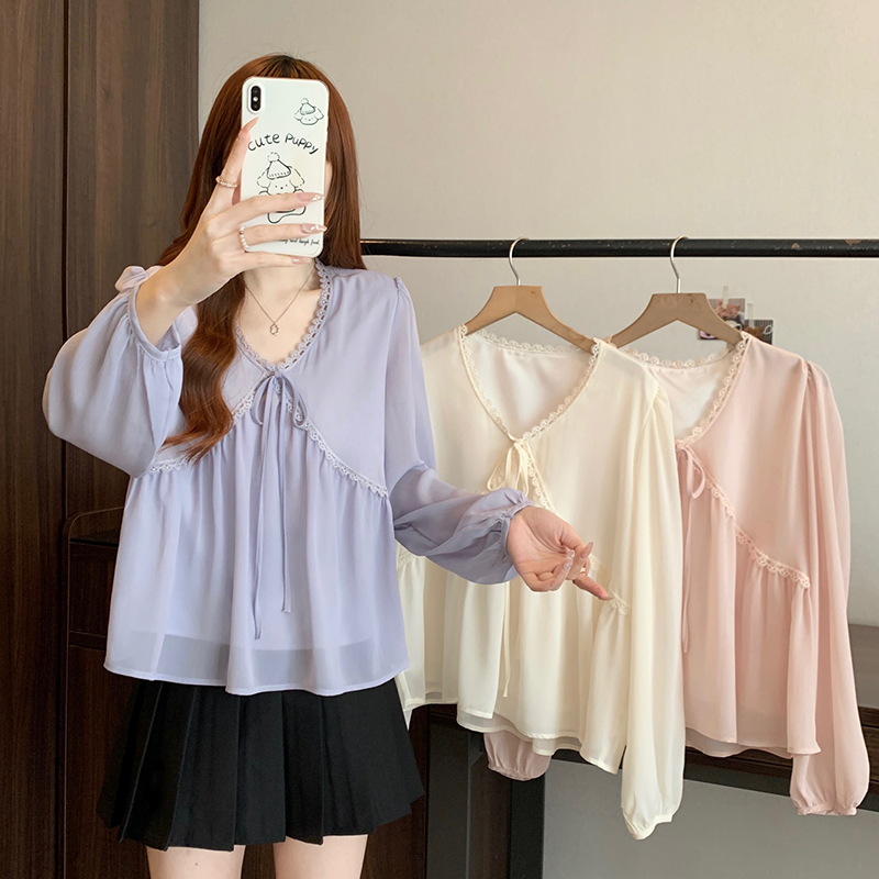 FA36861# 秋装新款胖mm大码女优雅时尚v领蕾丝长袖小衫上衣 服裝批發女裝批發服飾貨源