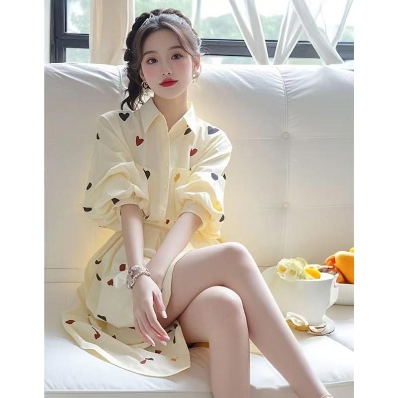 FA35851# 韩版爱心印花衬衫连衣裙女春季新款设计感洋气减龄中长款裙子 服裝批發女裝批發服飾貨源