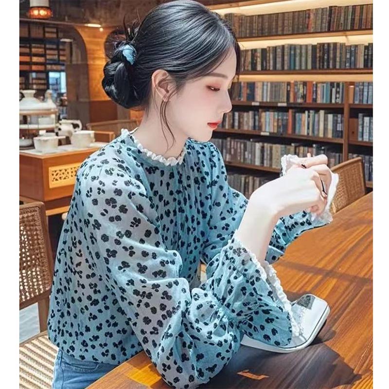 MY16395# 新款法式甜美轻熟小衫宽松蓝色碎花泡泡袖衬衫女裝貨源服裝批...