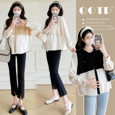 批发实拍新款2025孕妇装春装宽松条纹上衣拼接设计感假两件衬衫娃娃衫