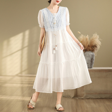 批发<b class='q'>假两件</b><b class='q'>连衣裙</b>夏女2026新款法式温柔风条纹马甲拼接茶歇长裙